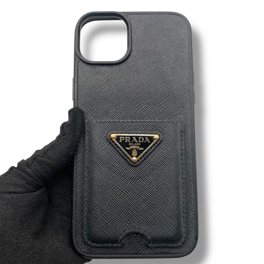PRADA ブラック レザー iPhone用ケース　三角ロゴ