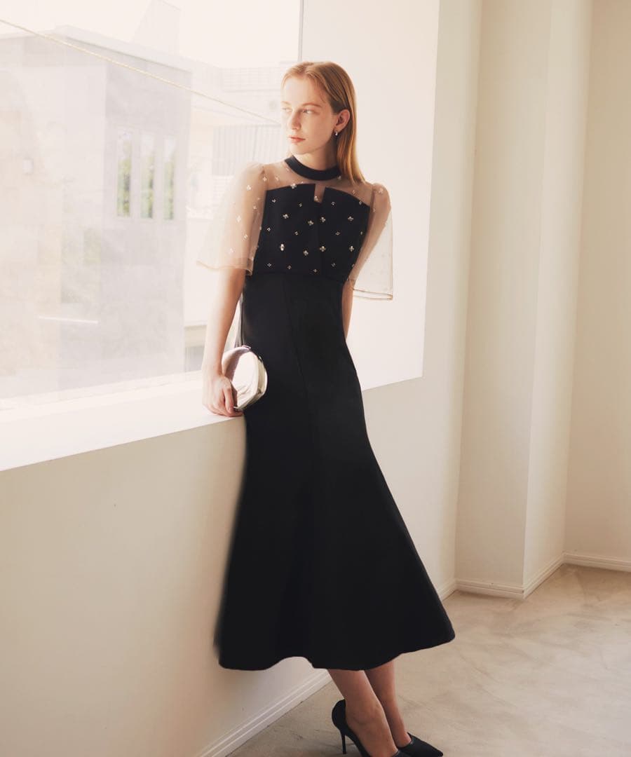 leja ブラックパーティードレス シースルー袖 ビーズ装飾