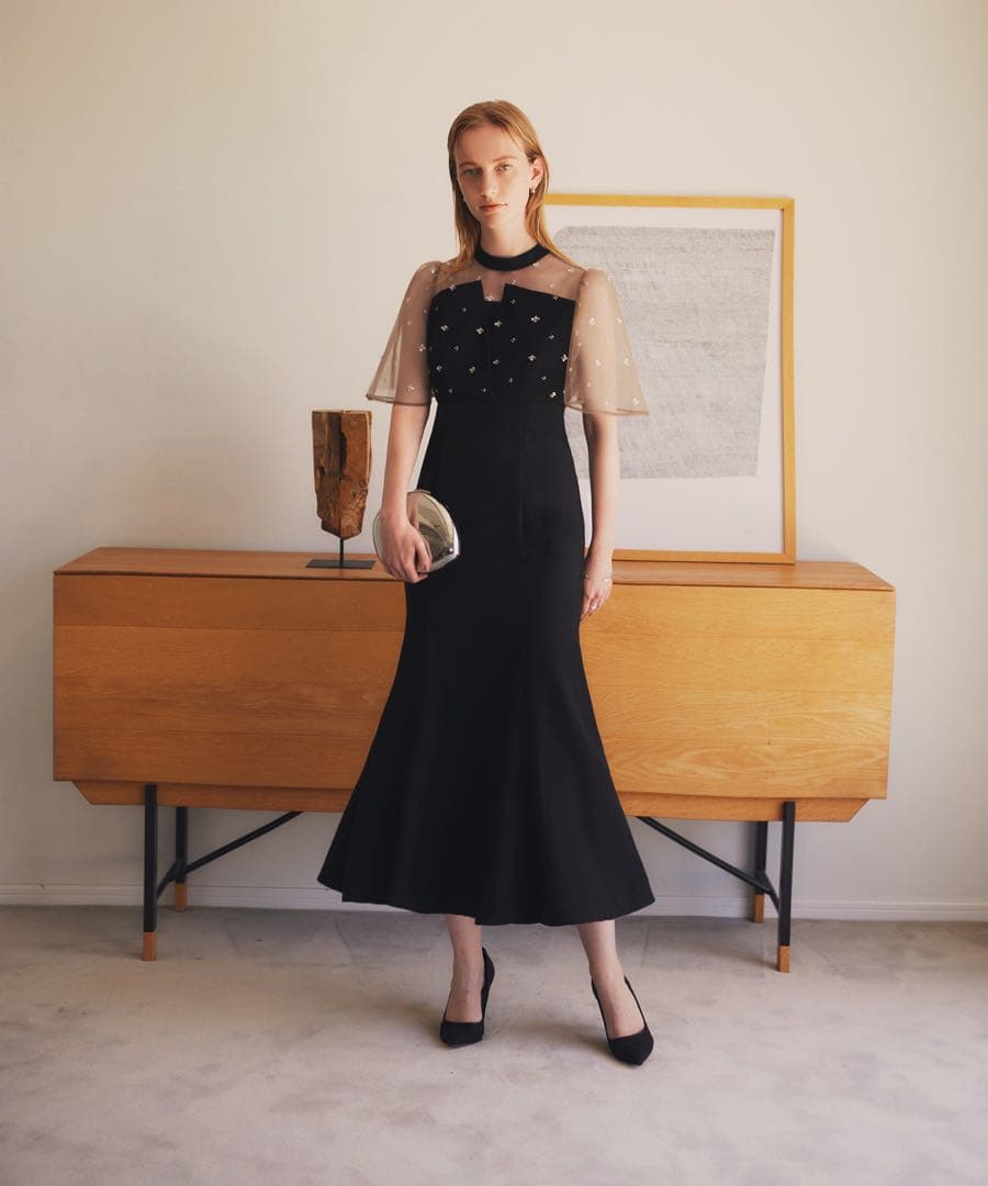 leja ブラックパーティードレス シースルー袖 ビーズ装飾