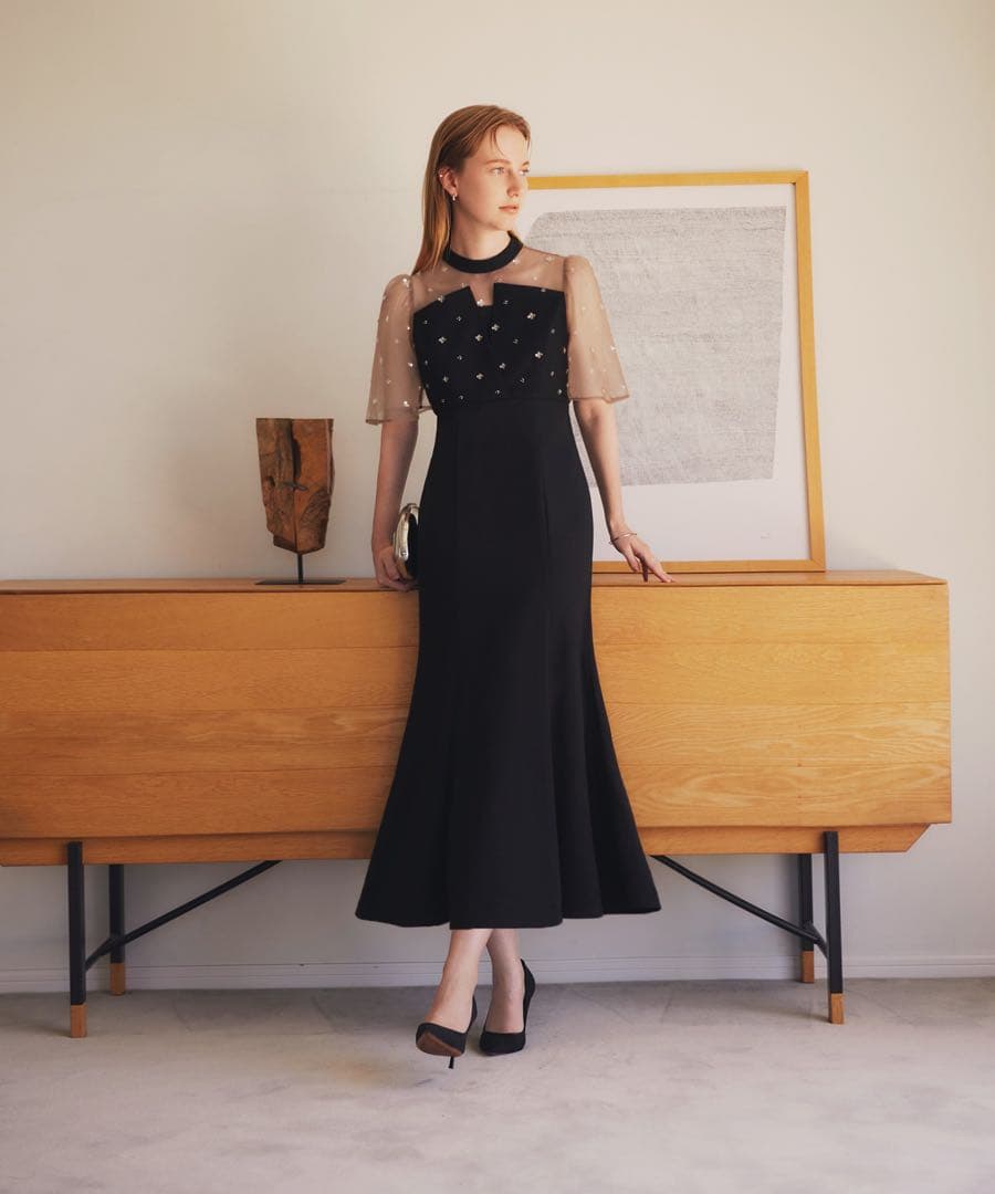 leja ブラックパーティードレス シースルー袖 ビーズ装飾