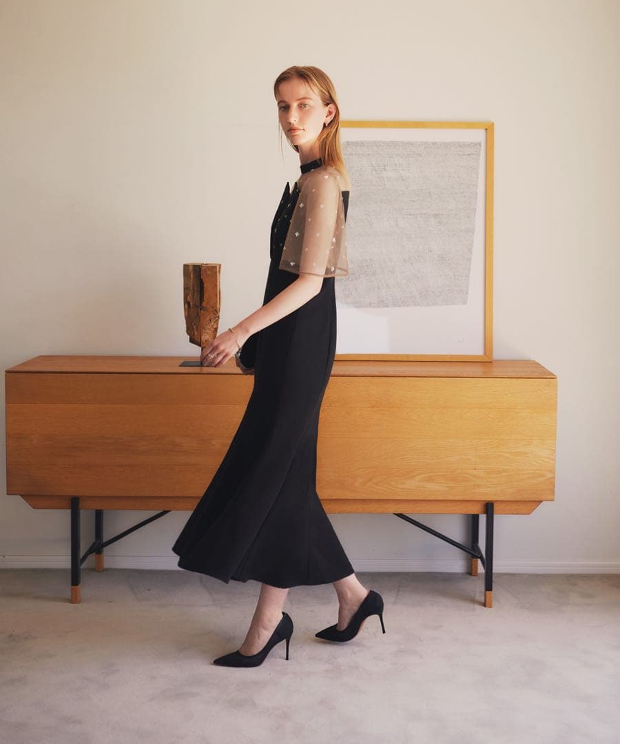 leja ブラックパーティードレス シースルー袖 ビーズ装飾