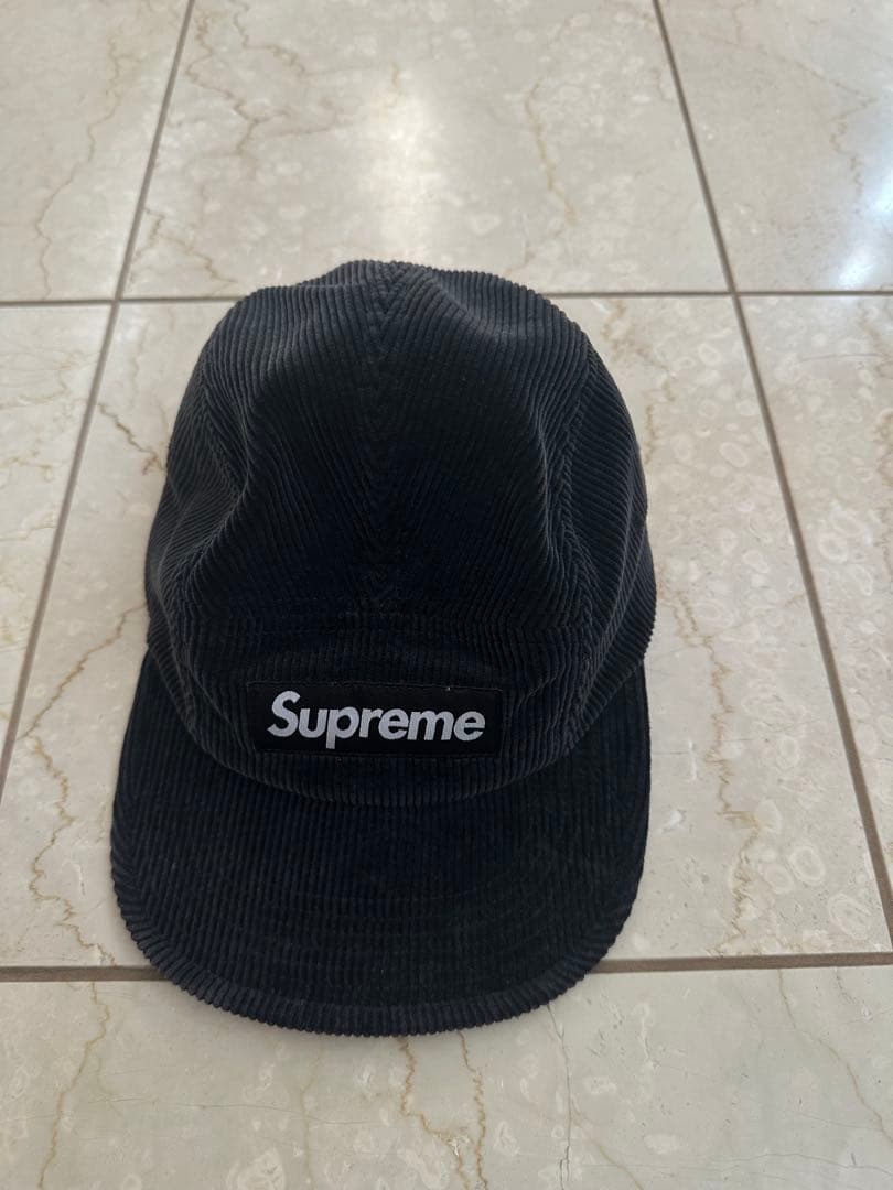 Supreme 黒 コーデュロイキャップ