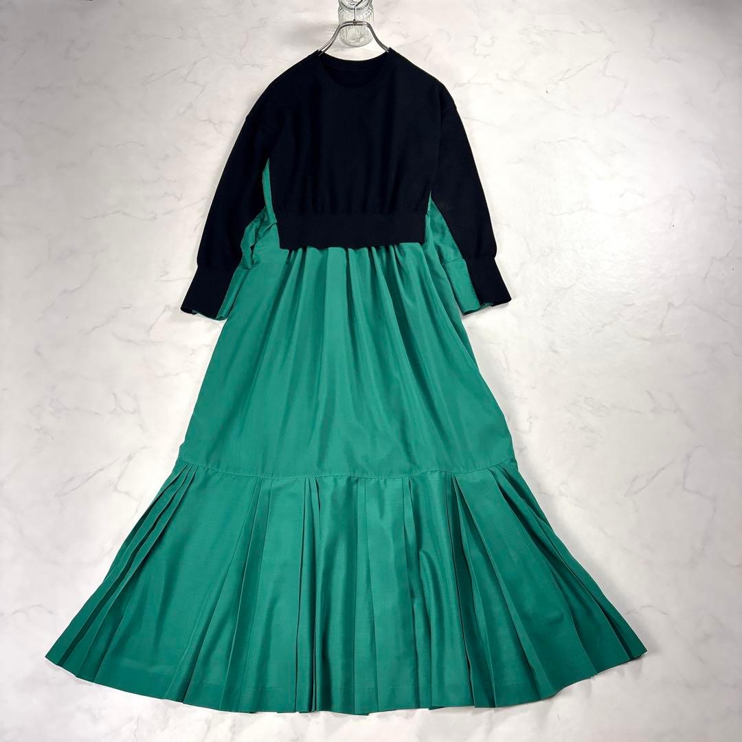 近年美品✨ LE PHIL ニットコンビ プリーツワンピース 黒 緑