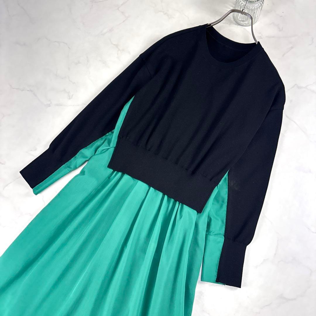 近年美品✨ LE PHIL ニットコンビ プリーツワンピース 黒 緑