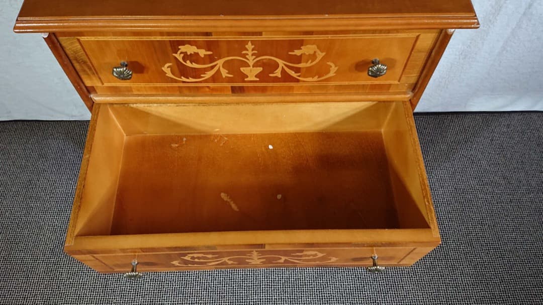 イタリア製 チェスト 5段 丸脚 象嵌 引き出し 棚 タンス アンティーク調