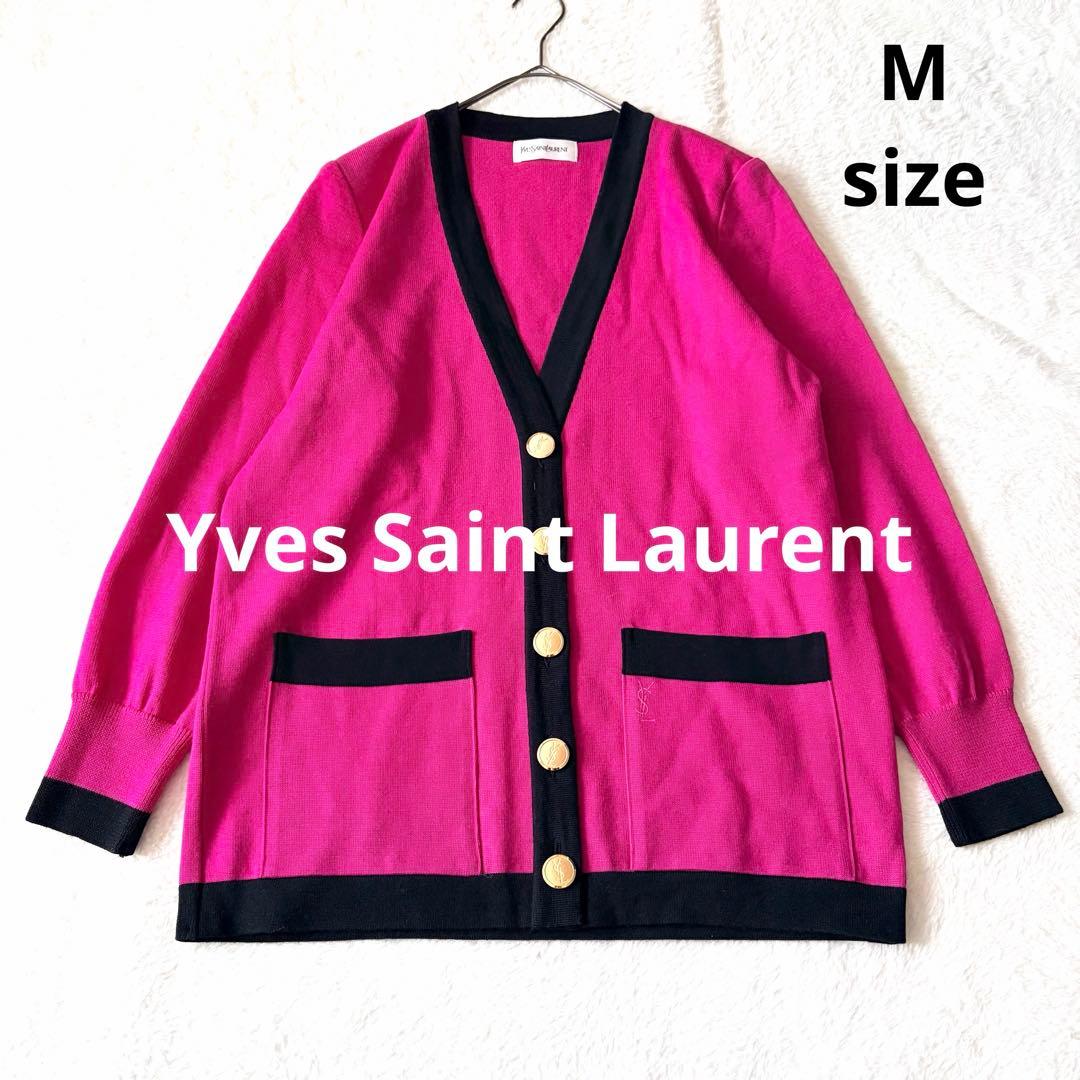 6270 希少✨ イヴサンローラン ニットカーディガン M ピンク 金ボタン