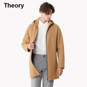 【春まで重宝！】Theoryメンズ上質フード付メルトンコート人気キャメルM抜け感