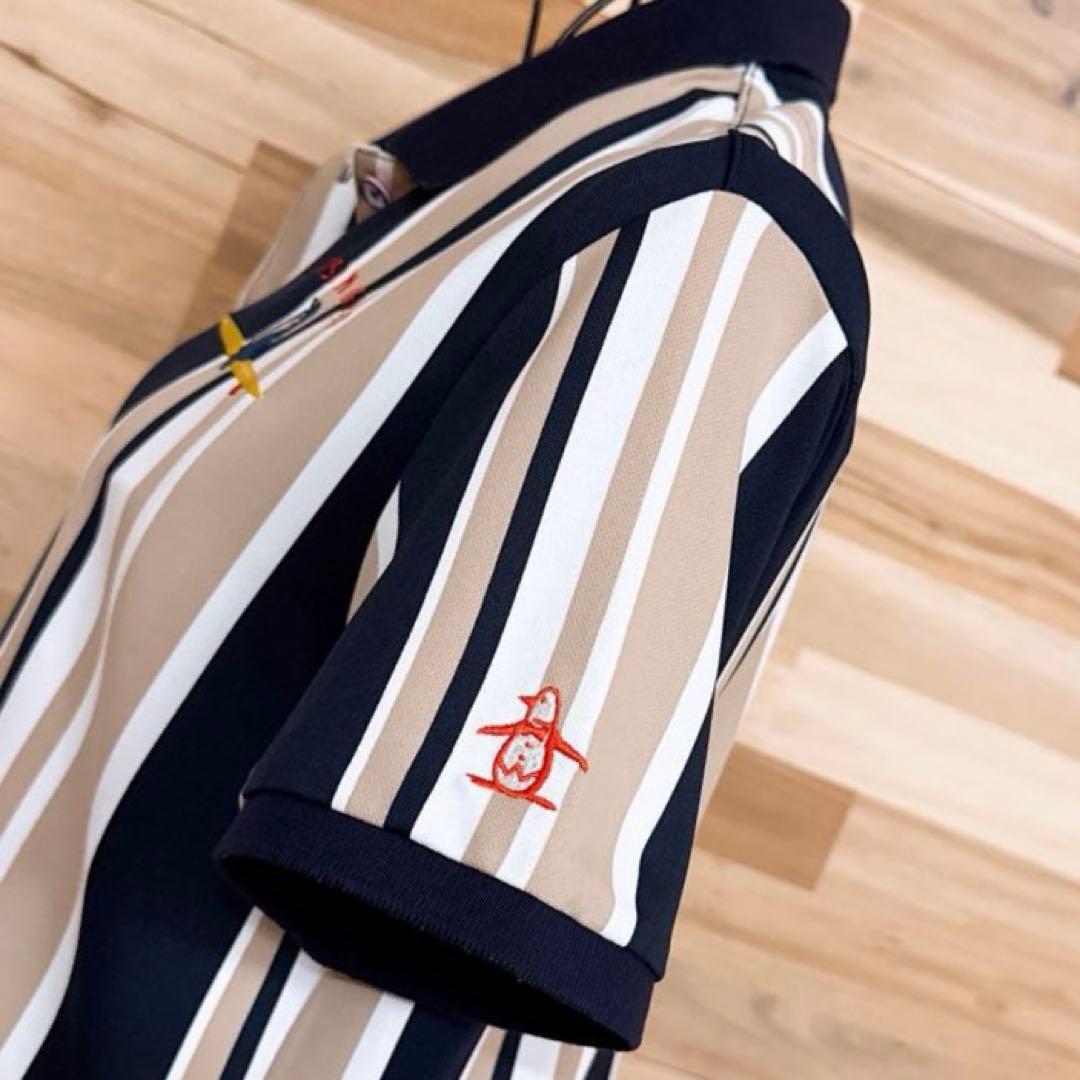 【マンシングウェア】ストライプ ポロシャツ ワンピース ゴルフ L ベージュ×紺