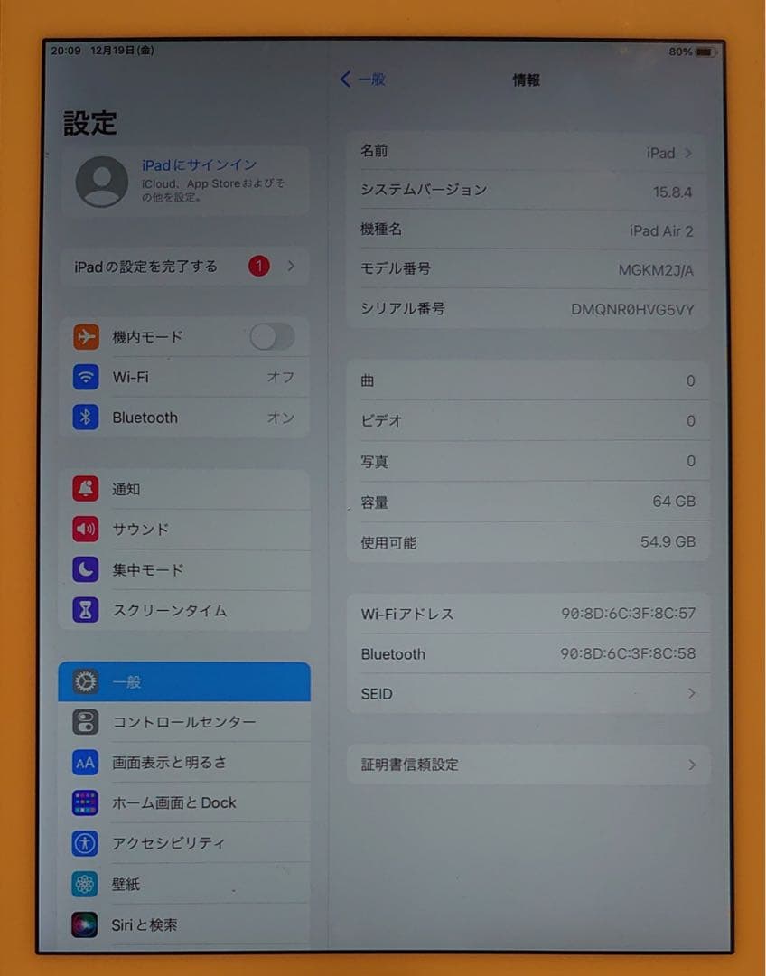 完動品iPad Air2(A1566)本体64GBシルバー送料込VG5VY