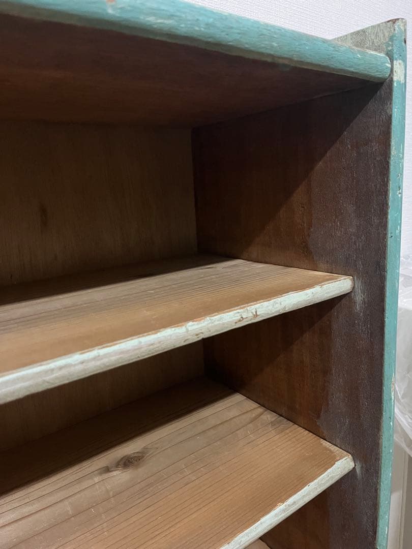 青緑の昭和レトロな本棚　木製4段　ブルーグリーン