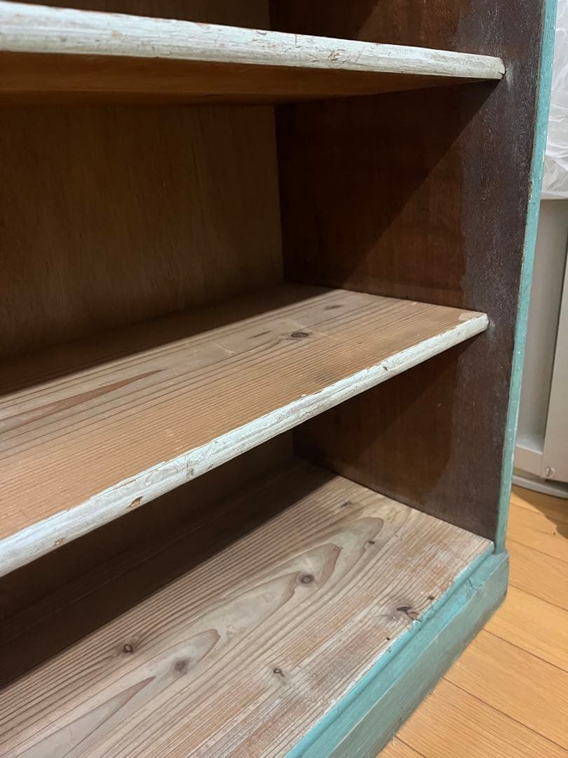 青緑の昭和レトロな本棚　木製4段　ブルーグリーン