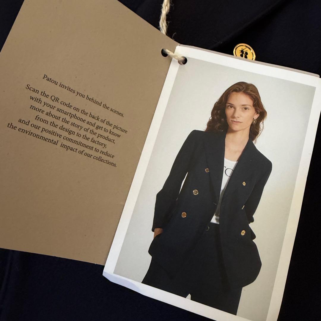 【美品】PATOU 紺ブレ 金ボタン カシミヤ混 ロゴパッチ 38