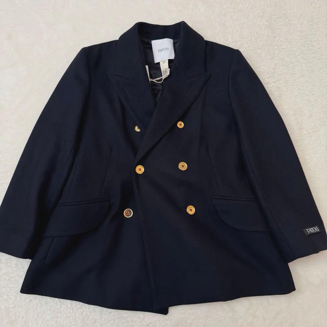 【美品】PATOU 紺ブレ 金ボタン カシミヤ混 ロゴパッチ 38