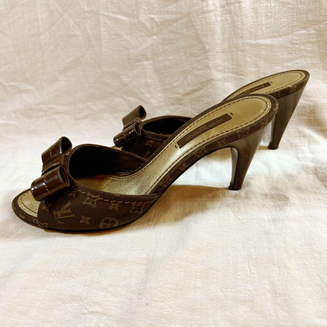 ルイヴィトン　リボン付きブラウンレザー ミュール　即日発送　23cm