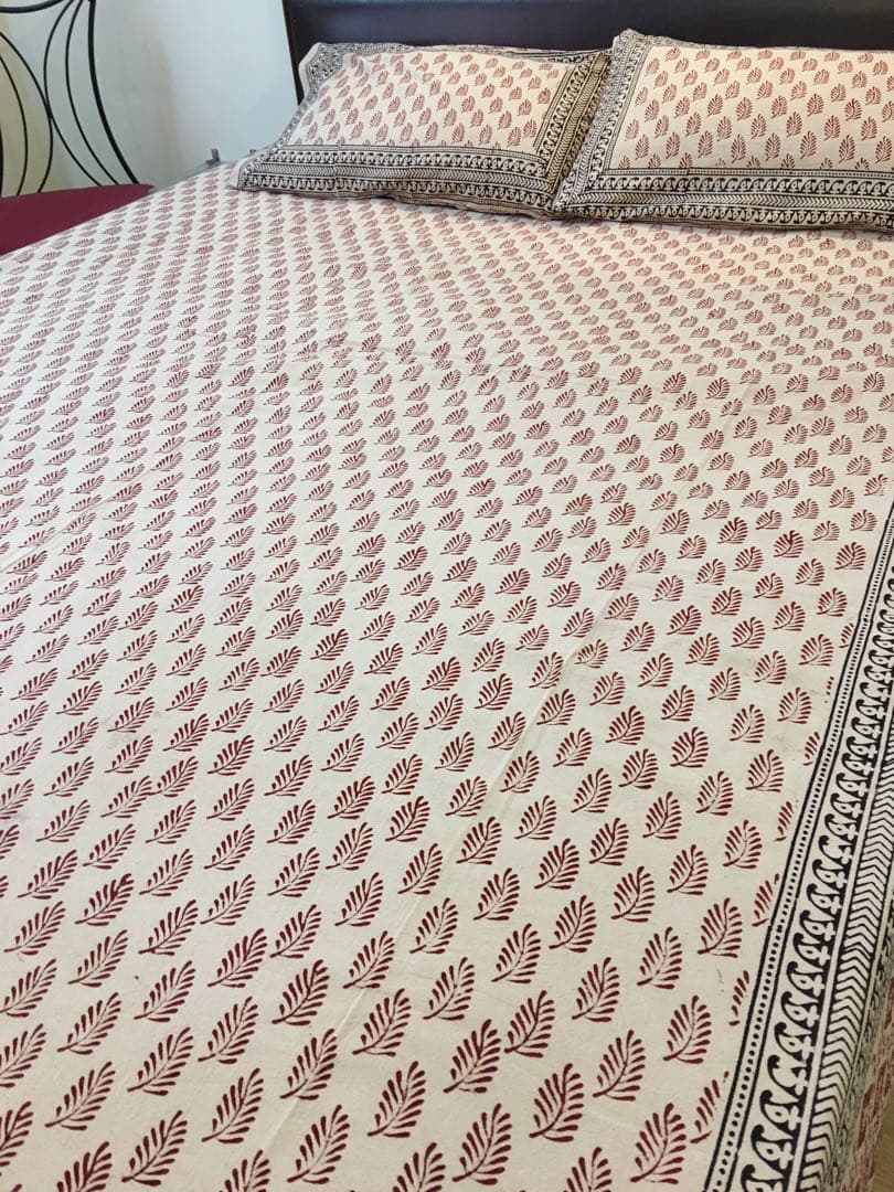インド　ブロックプリント　ベットシーツ　&枕カバー
