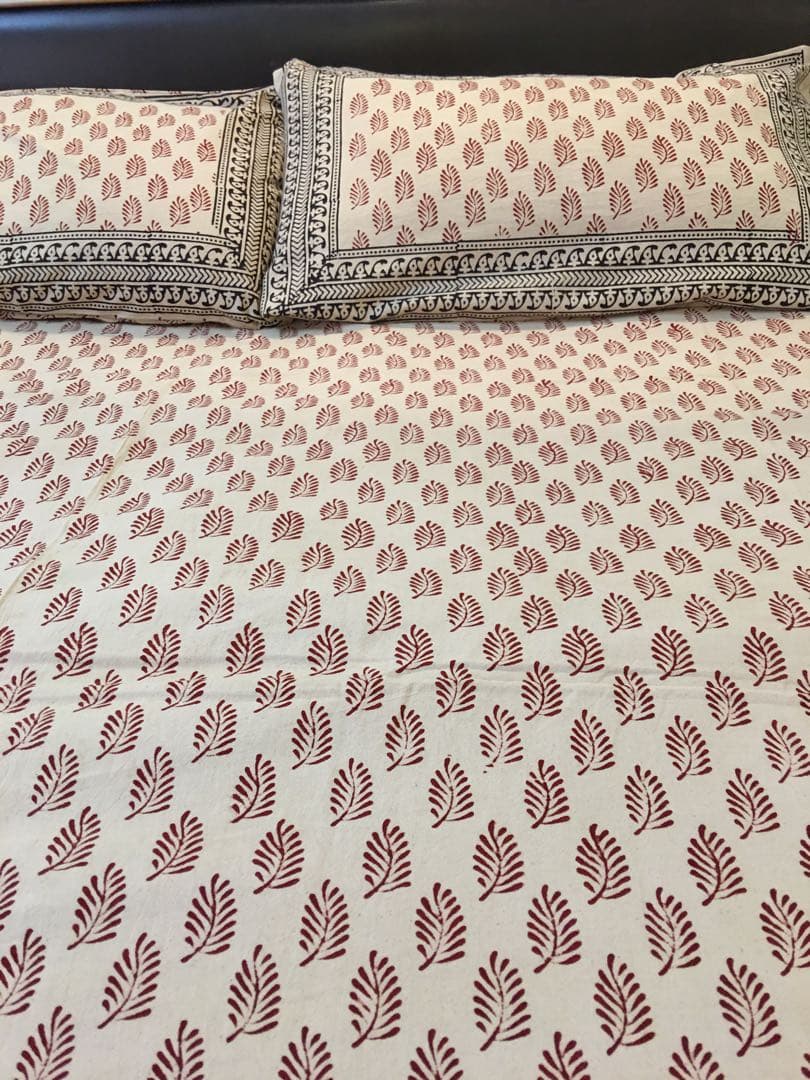 インド　ブロックプリント　ベットシーツ　&枕カバー