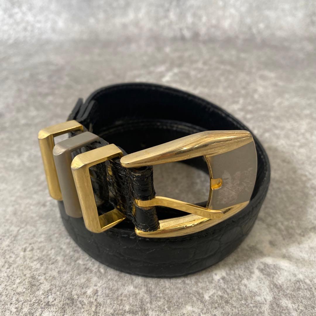 ヴェルサーチ　ベルト　クロコ型押し　レザー　ブラック　ゴールド金具