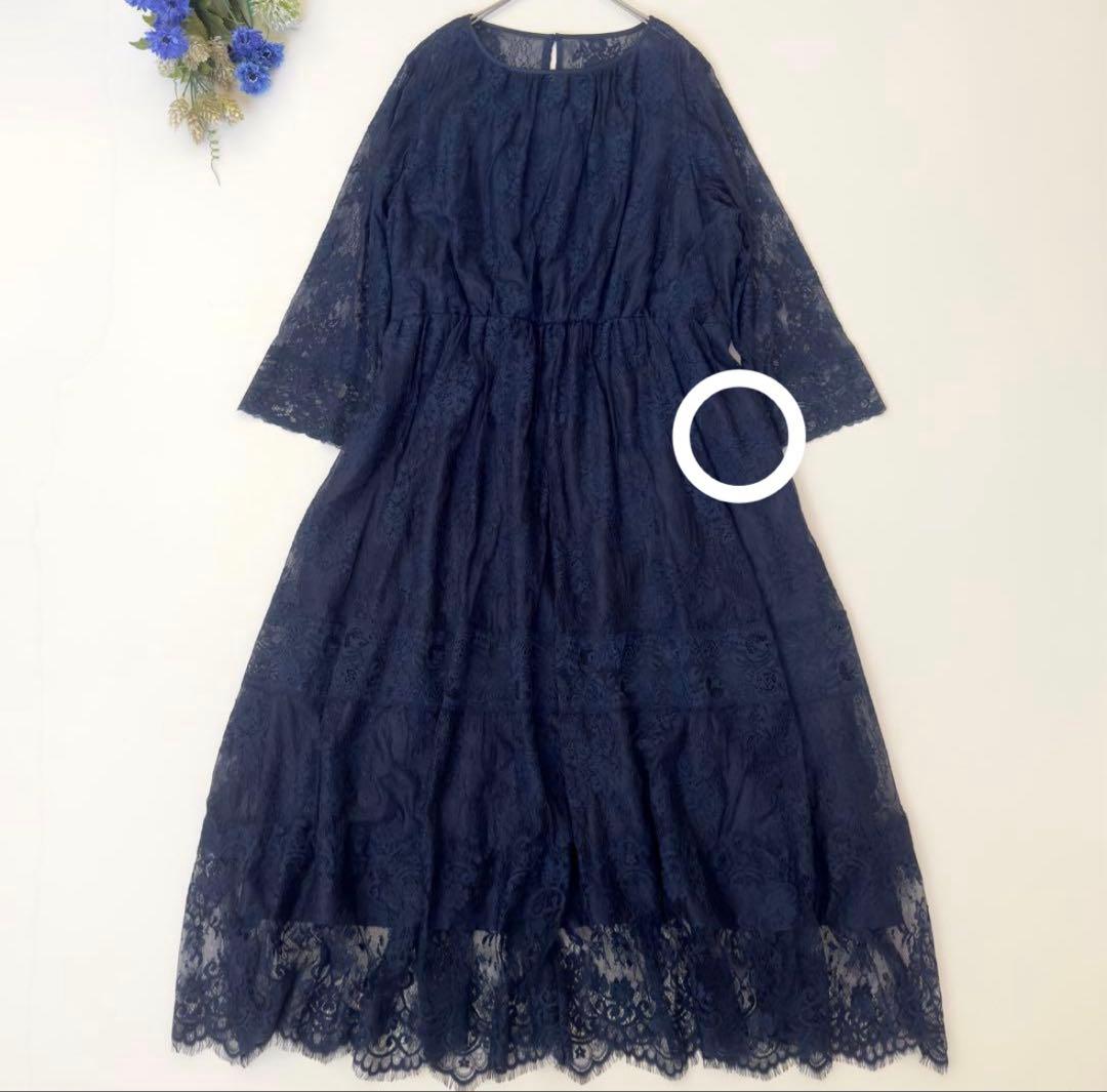 組曲　プリエ　大きいサイズ　総レースロングワンピース　ネイビー　3L