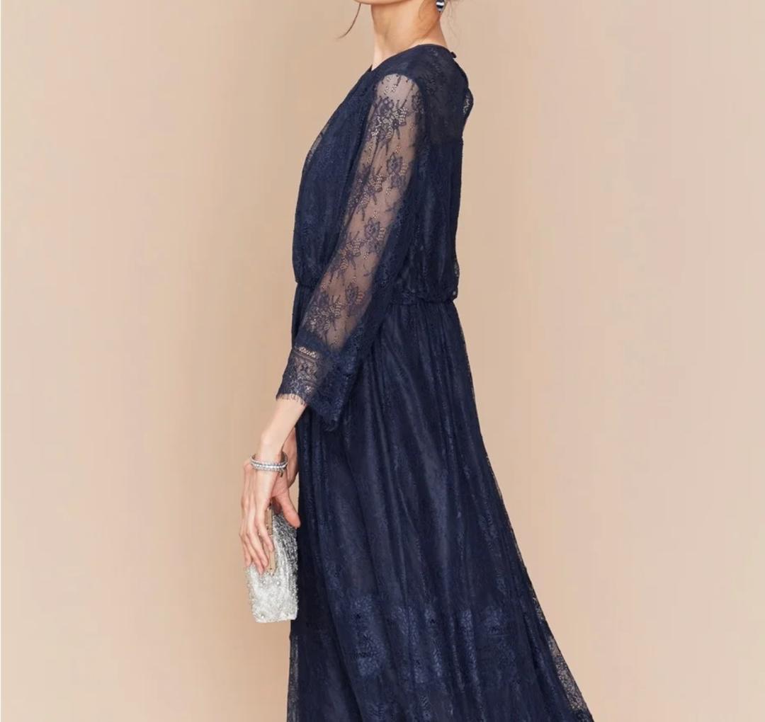 組曲　プリエ　大きいサイズ　総レースロングワンピース　ネイビー　3L