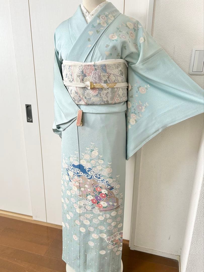 美品　人気の水色　正絹訪問着　フルセット4点　卒業式　入学式　七五三　お宮参り