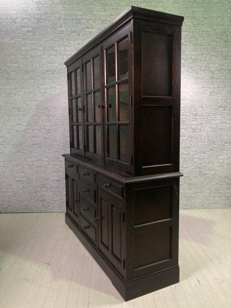 北海道民芸家具 格子ガラス扉 樺材 無垢 カップボード 収納棚 飾り棚 食器棚