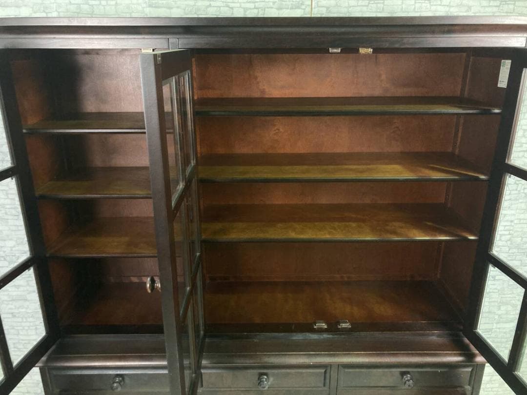 北海道民芸家具 格子ガラス扉 樺材 無垢 カップボード 収納棚 飾り棚 食器棚