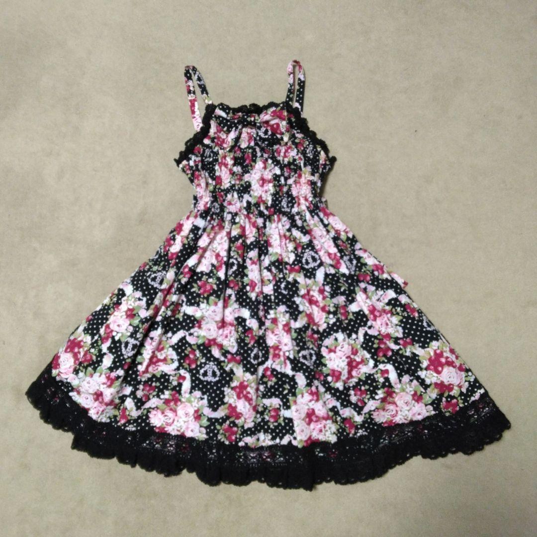 欠品あり　シュガーブーケ柄 シャーリングプリンセスジャンパースカート　黒