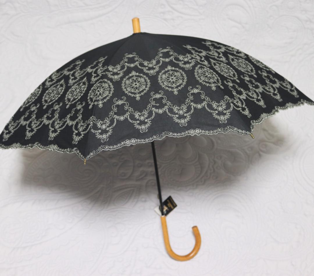 新品タグ付き【フォックスアンブレラ】長傘 英国製 繊細豪華刺繍 高級日傘 黒