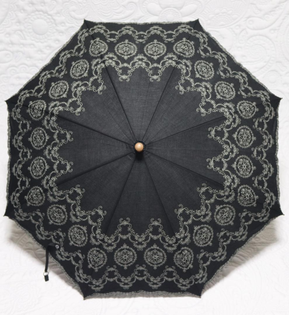 新品タグ付き【フォックスアンブレラ】長傘 英国製 繊細豪華刺繍 高級日傘 黒