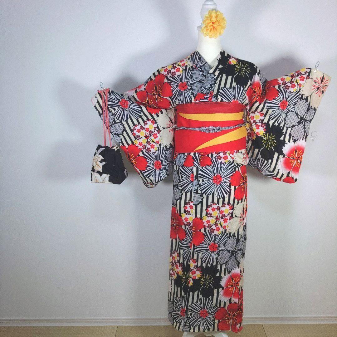 レディース　浴衣　セット　身丈164cm　ストライプ　花柄　作り帯　赤黄　兵児帯