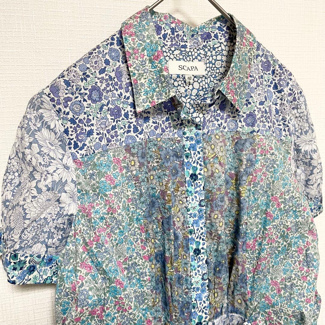 スキャパン 半袖 シャツワンピース【40】L相当 ブルー リバティ ナチュラル
