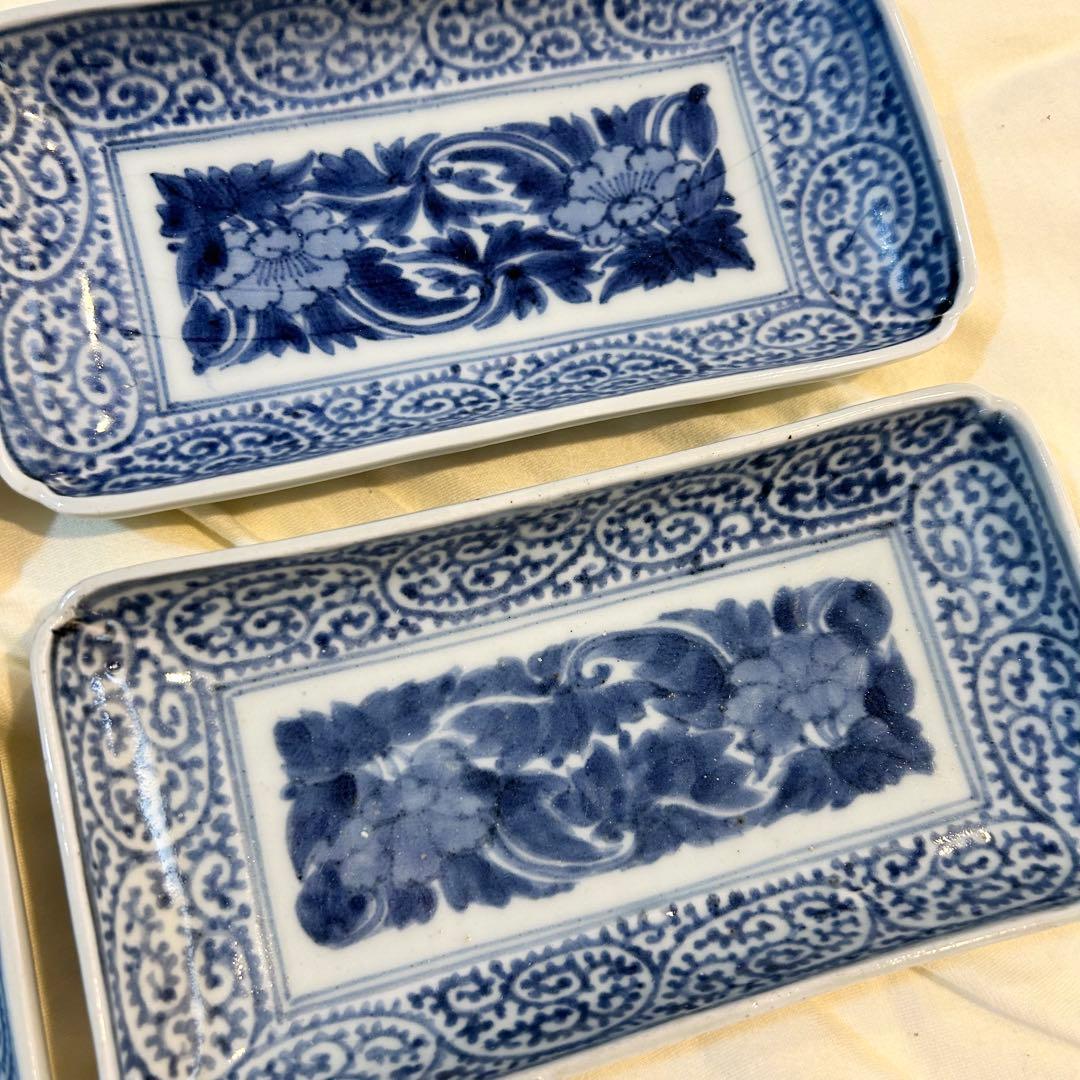 江戸中期 蛸唐草と牡丹 古伊万里 長方形 皿4枚セット 骨董