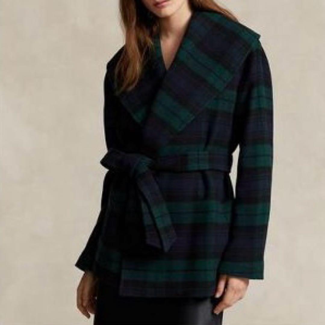 美品◇現行品　ポロラルフローレン　プラッドウールブレンドツイルラップコート