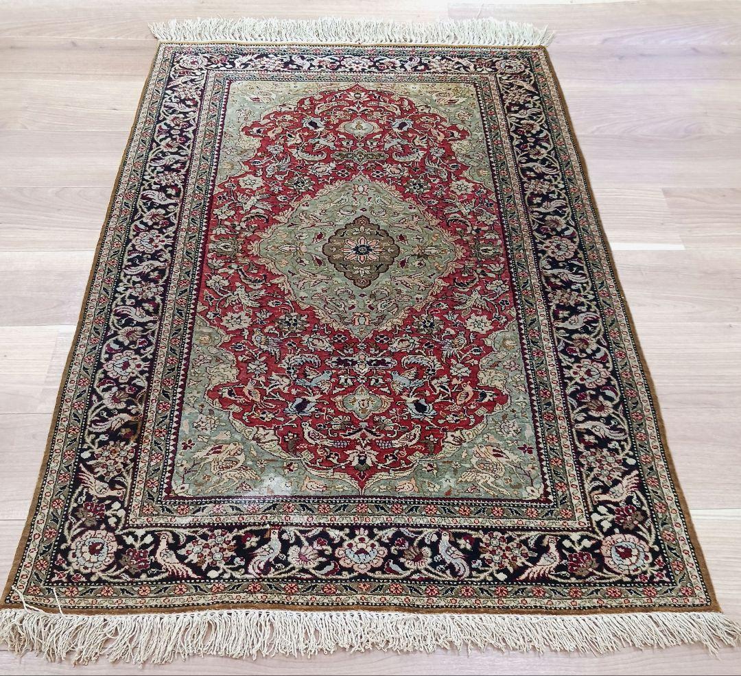 専用 Y3354 高級ペルシャ絨毯 クム シルク100% 手織り メダリオン