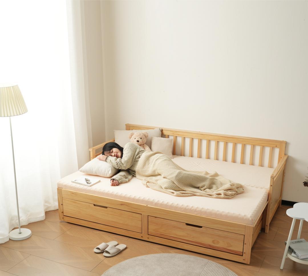 ソファベッド ディベッド 伸長式ベッド 木製 引き出し付き 収納付き 天然木