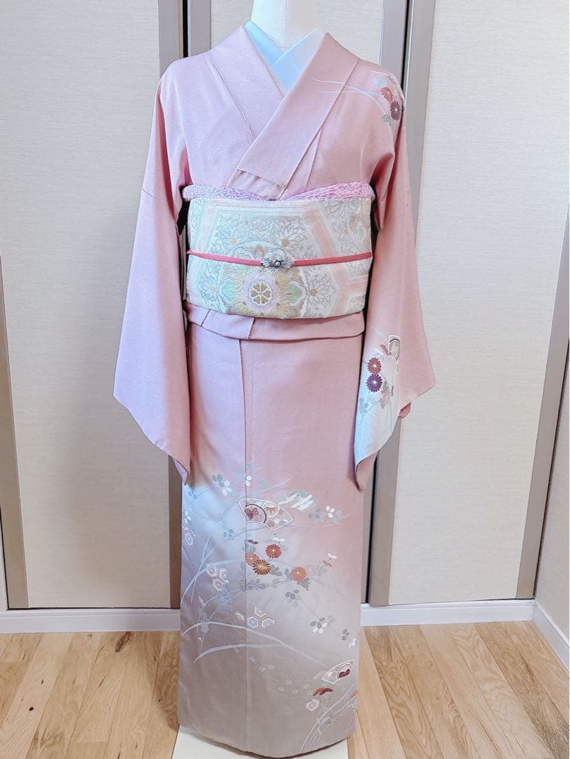 訪問着　一つ紋　フルセット　裄69 友禅 刺繍　卒業式　入学式　お宮参　袋帯 M