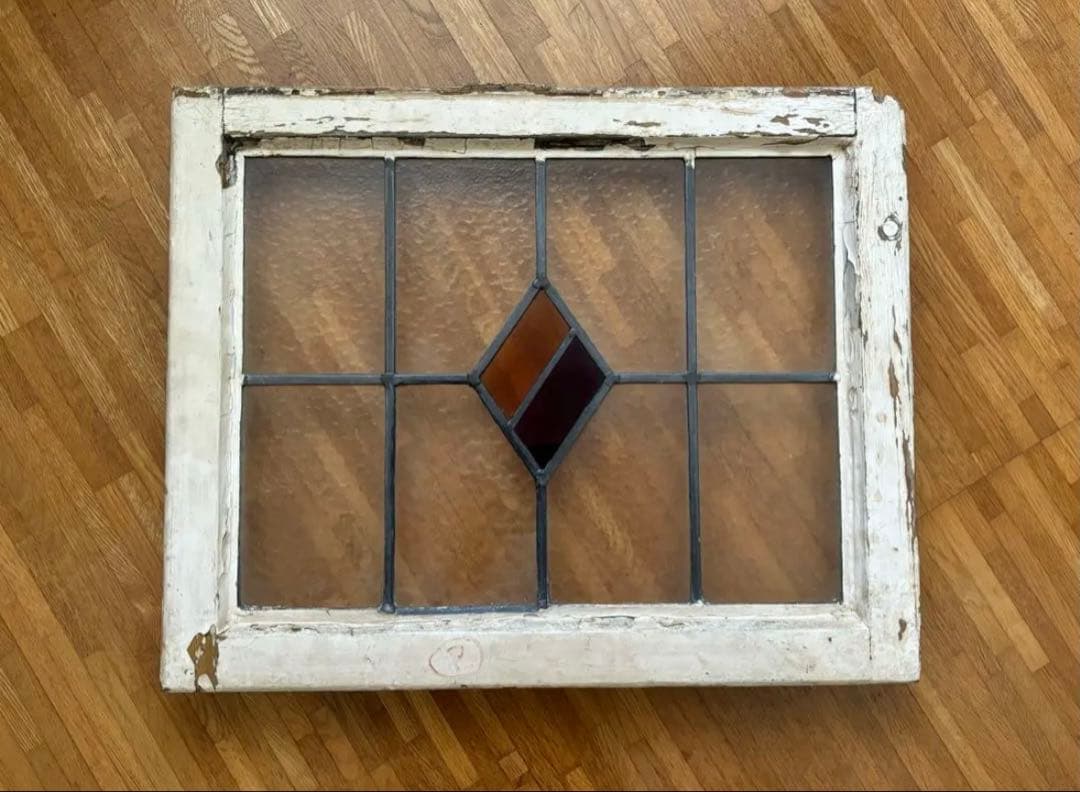 【最終価格】ステンドグラス ダイヤモンド型　窓枠 アンティーク　シャビーシック