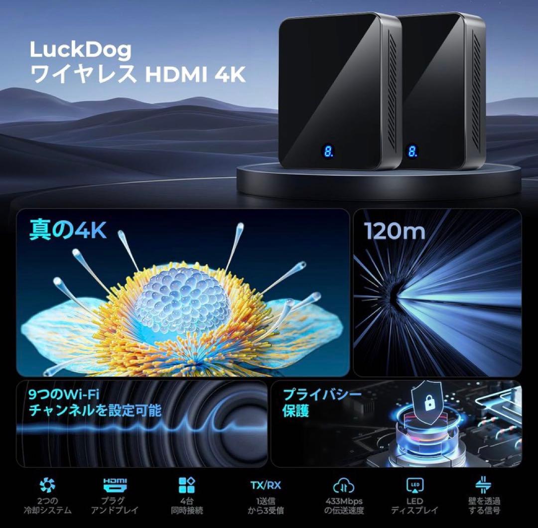 ワイヤレスHDMI送信機と受信機、hdmi 無線4K@30Hz、LuckDog