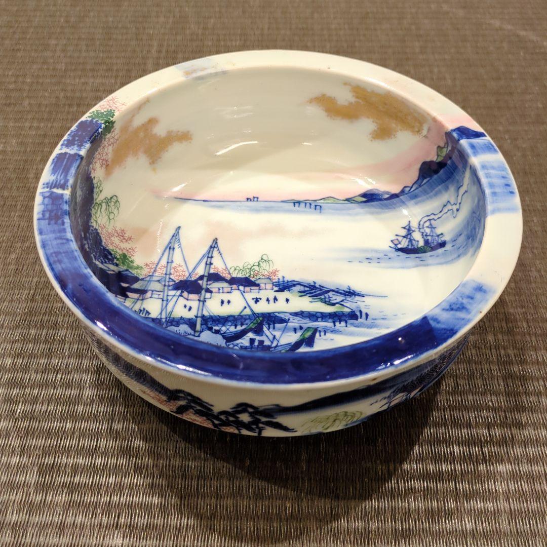 明治期　伊万里「文明開化　蒸気船図」染付鉢