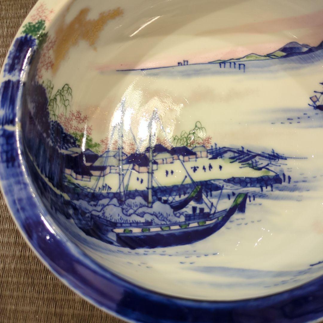 明治期　伊万里「文明開化　蒸気船図」染付鉢