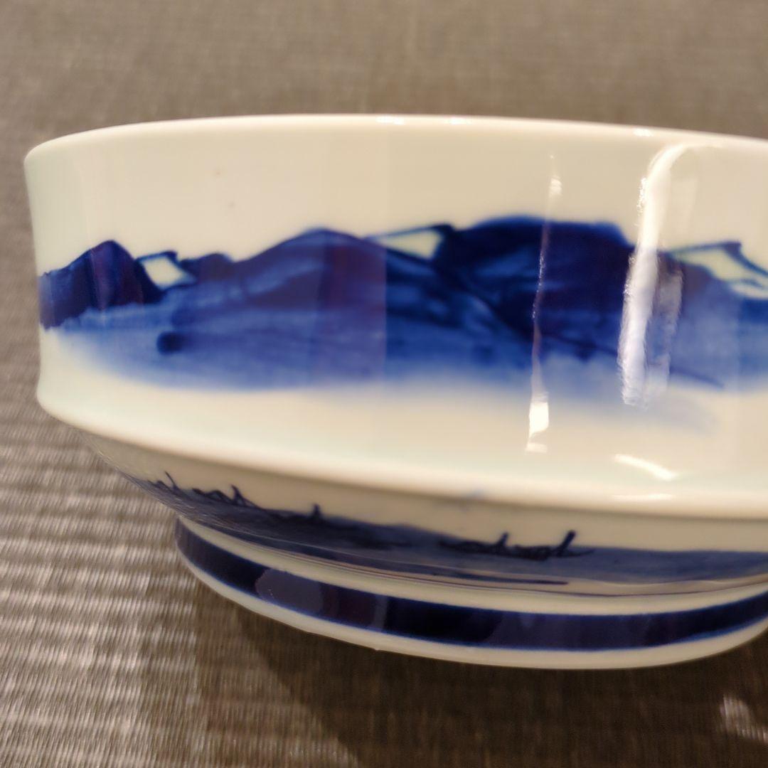 明治期　伊万里「文明開化　蒸気船図」染付鉢