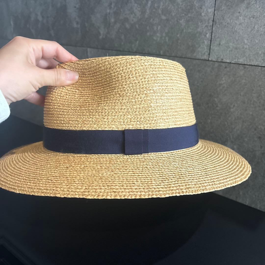 ヘレンカミンスキー　ベージュ ストロー フェドラハット ネイビーリボン