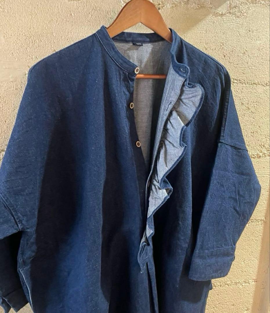 45R上質 インディゴ麦デニムフリルチュニック新品同様　ONEONEシリーズ