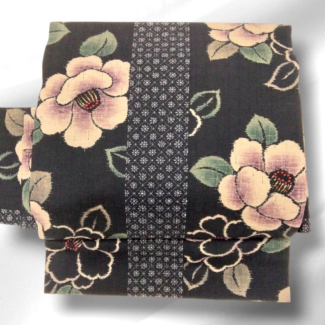 軽装帯 つけ帯 作り帯 ワンタッチ帯 椿　紬　黒　名古屋帯　正絹　#867