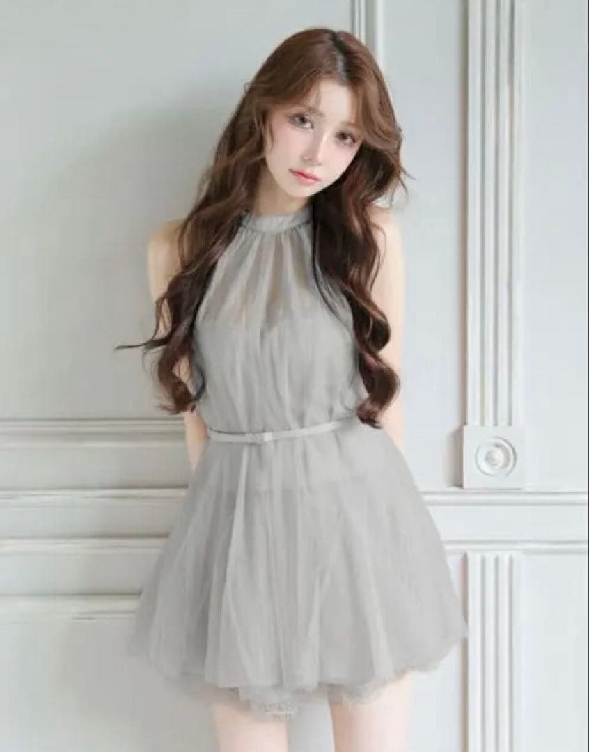 ローブドフルール ハイネックウエストリボンフレアミニキャバドレス