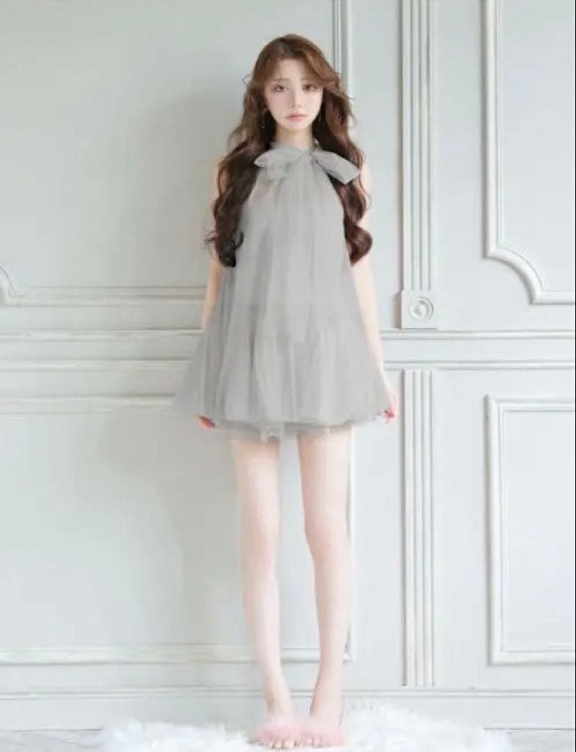 ローブドフルール ハイネックウエストリボンフレアミニキャバドレス