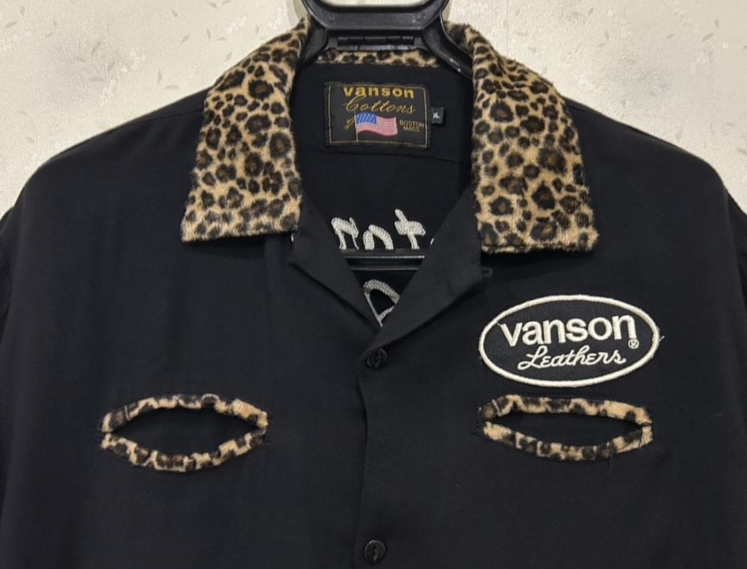＊VANSON レオパード 切替 刺繍 ワッペン 開襟 半袖シャツ XL