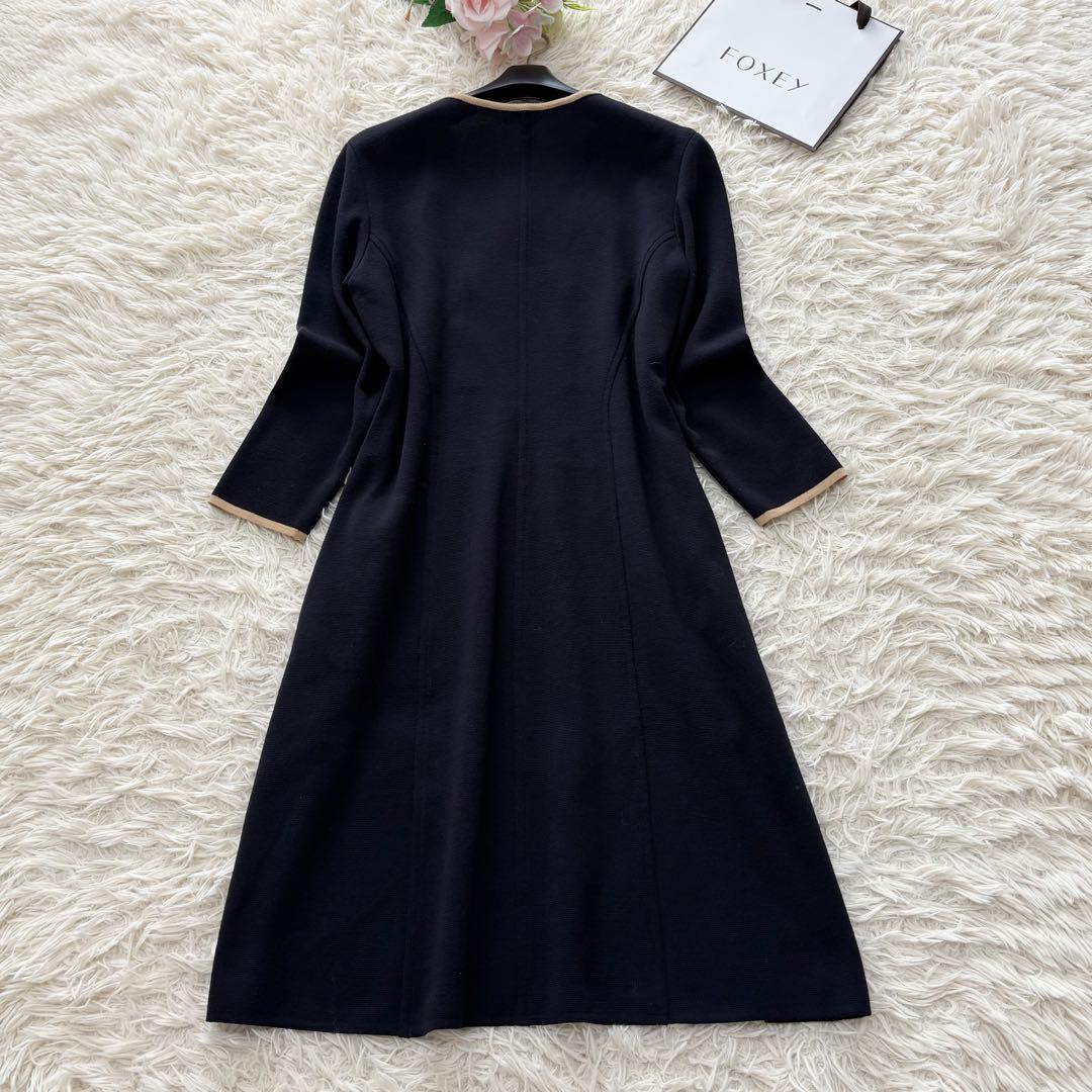 フォクシー　ウール100%ダブルボタンパイピングフレアワンピース　紺　L相当