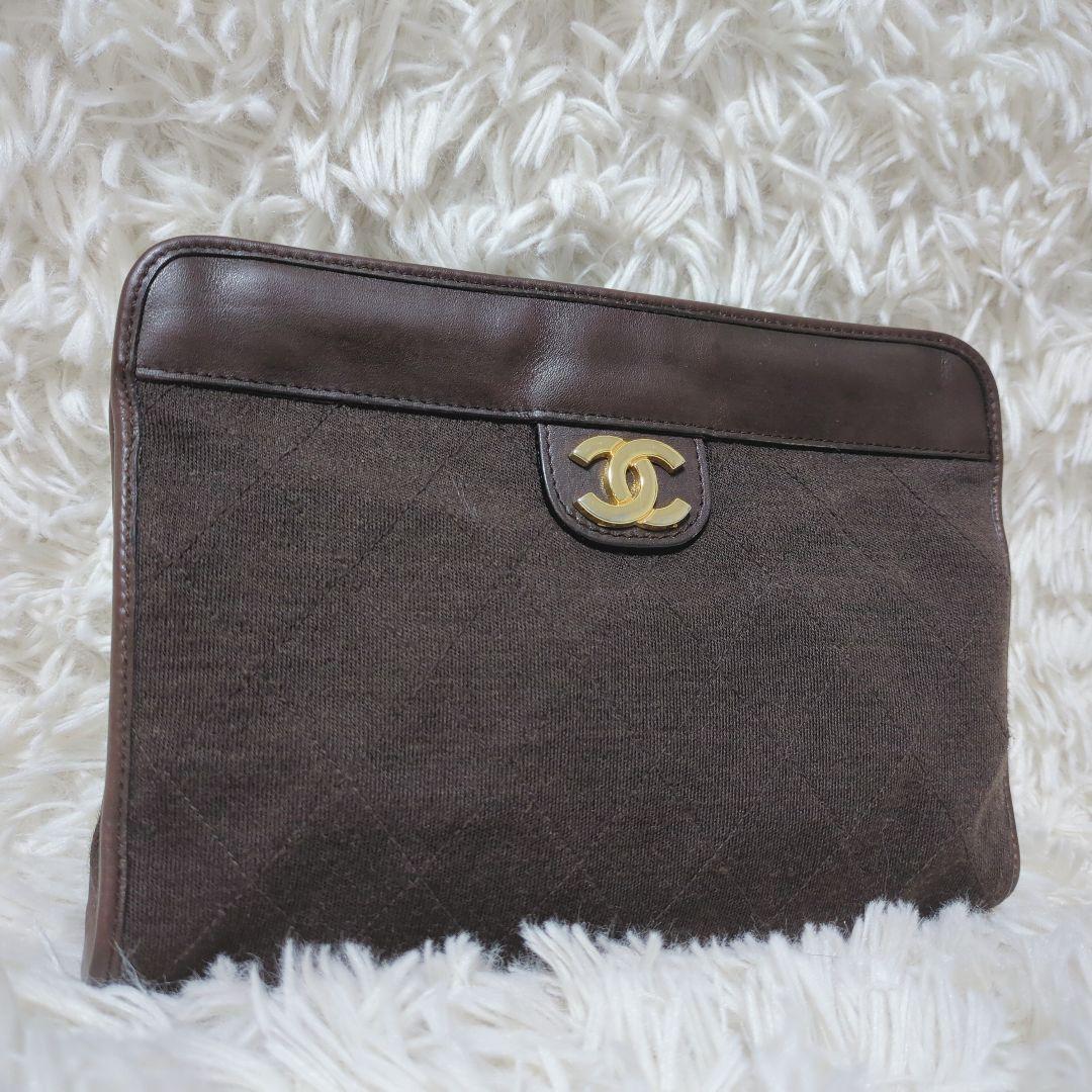 【美品】シャネル☆CHANEL クラッチバッグ ココマーク コットン ブラウン