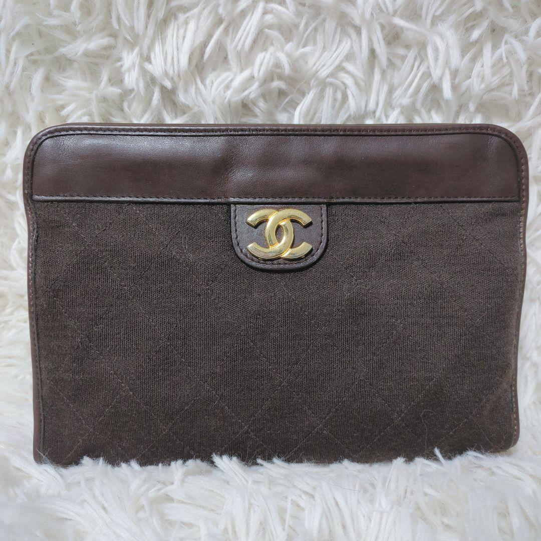 【美品】シャネル☆CHANEL クラッチバッグ ココマーク コットン ブラウン